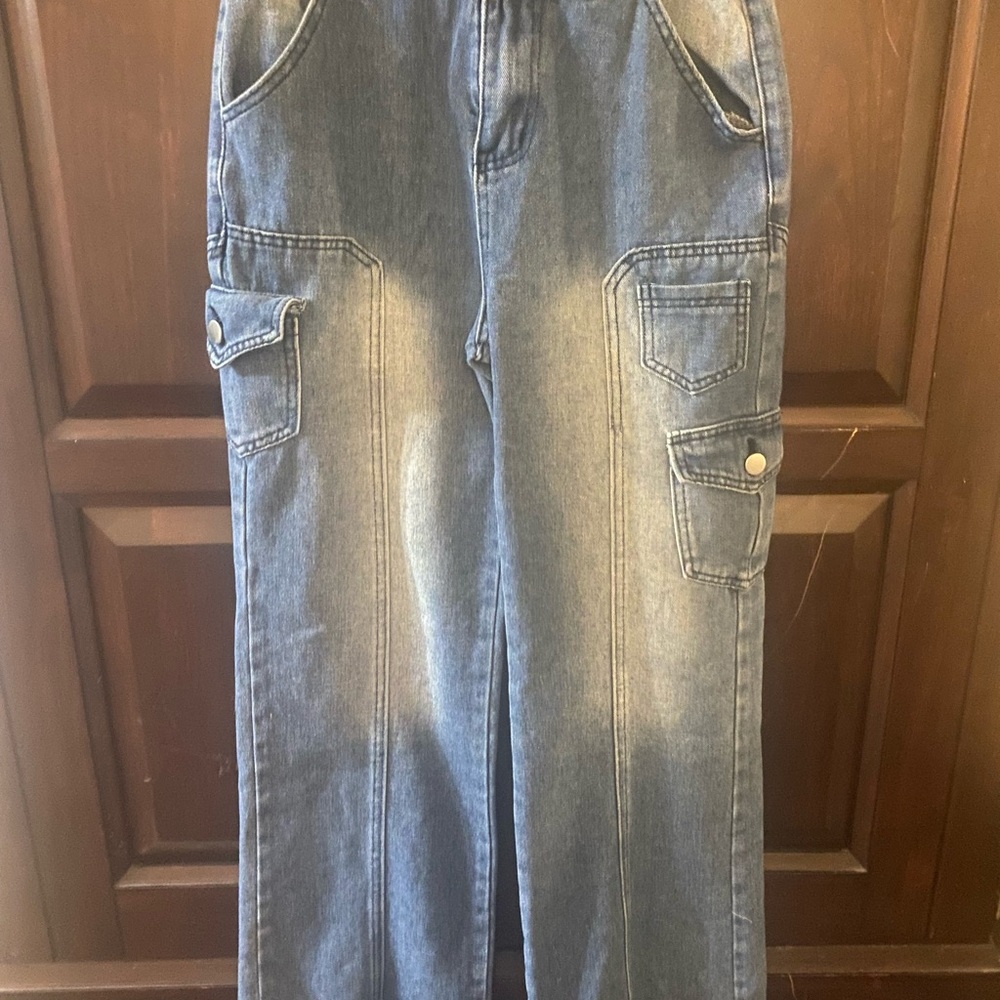 Women's Blue Denim Cargo Jeans - HighRise Straight Leg Utility Pants